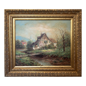 Late 20th Century F. Berthy Vintage Landscape Oil Painting Spring Cottage Scene Framed Art