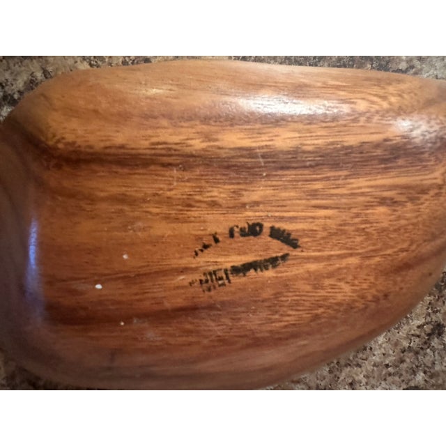 Charming vintage leaf-shaped serving bowl, hand-carved from warm-toned hardwood—perfect for serving dips, nuts, or small...