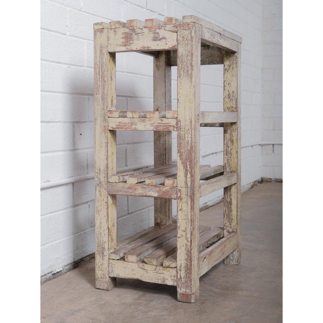 Vintage Indian Wooden Farmhouse Storage Shelf With Distressed Paint For Sale - Image 4 of 4