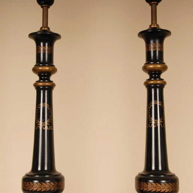 Vintage English Table Lamps Gold Ebonised Black Column Lamps - A Pair For Sale - Image 6 of 9