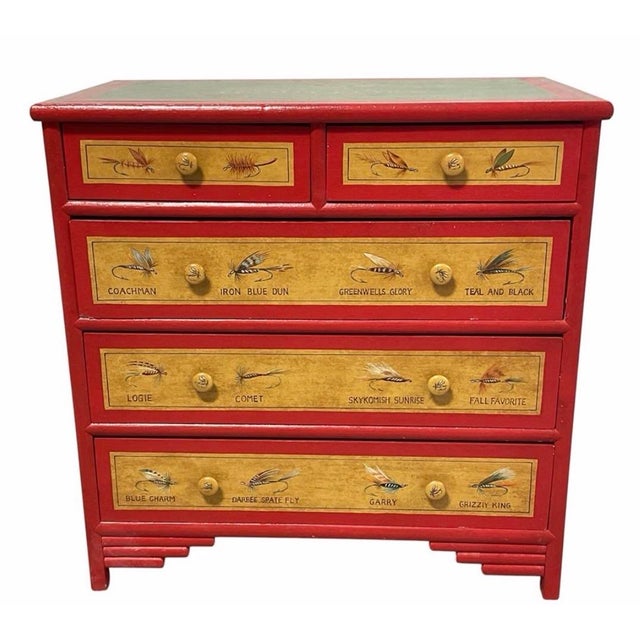 Vintage "Hardy & Co Trout Flies” Fishing Tackle Themed 5-Drawer Accent Chest For Sale - Image 11 of 11