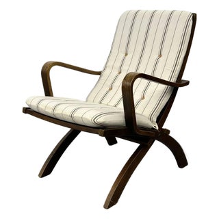 1970s Scandinavian Bentwood Lounge Chair With Slatted Back and Striped Cushions For Sale