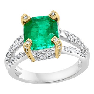 2.93 Carat Emerald Cut Colombian Emerald & 0.52Ct Diamond Ring 18K White/Y Gold For Sale