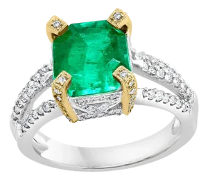 2.93 Carat Emerald Cut Colombian Emerald & 0.52Ct Diamond Ring 18K White/Y Gold