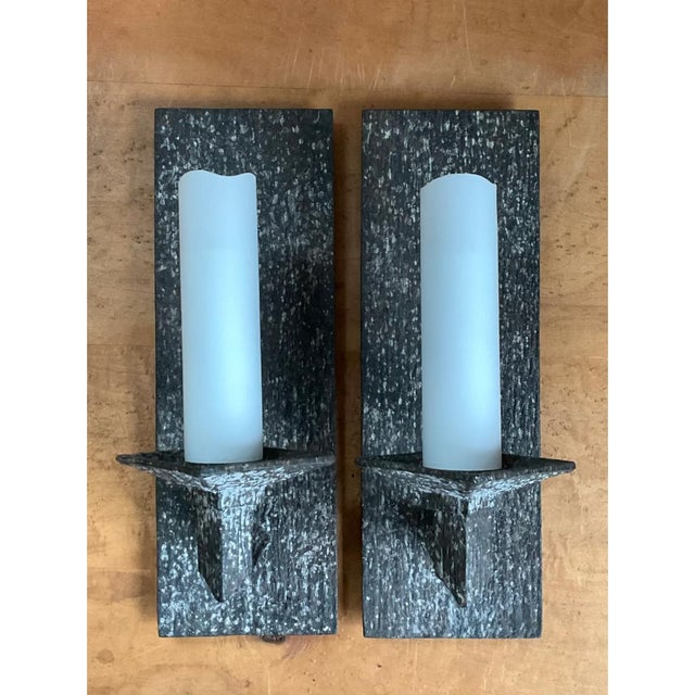 Mid-Century Modern Vintage Frosted Glass and Metal Wall Sconces - A Pair For Sale - Image 3 of 12