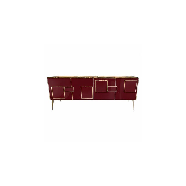 Wood Italian Four-Door Sideboard in Burgundy Glass and Brass from Justfurnituress SRL For Sale - Image 7 of 10