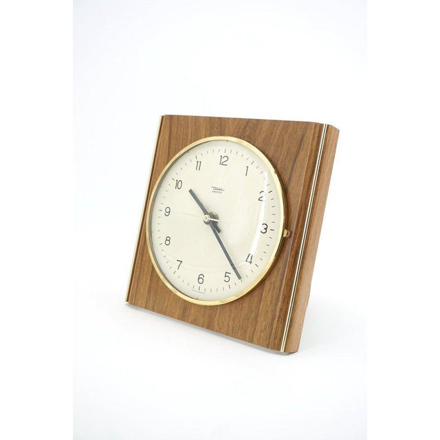 1960s Vintage Wood and Brass Wall Clock from Diehl, 1960s For Sale - Image 5 of 5