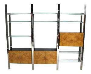 Vintage Mid Century Burl Wood Thick Glass Shelves 3 Bay Wall Unit