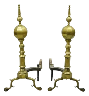 Antique Federal Faceted Brass Cannonball Branch Foot Cast Iron Andirons - A Pair