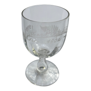 Clear 1902 Cork (Ireland) Exhibition Souvenir Etched Stemmed Glass- Rare