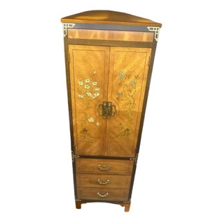 Late 20th Century Asian Style Bassett Painted Armoire Cabinet – Vintage Campaign Brass Accents (Just Wow) For Sale