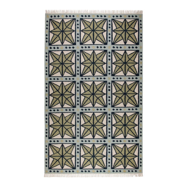 Part & Parcel Goods Wool Star Rug, 15' x 20', Sage, Navy, Sky Blue and Eggshell For Sale
