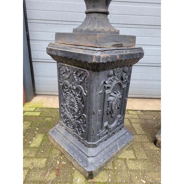 Large Cast Iron Vases on Column, Set of 2 For Sale - Image 9 of 14