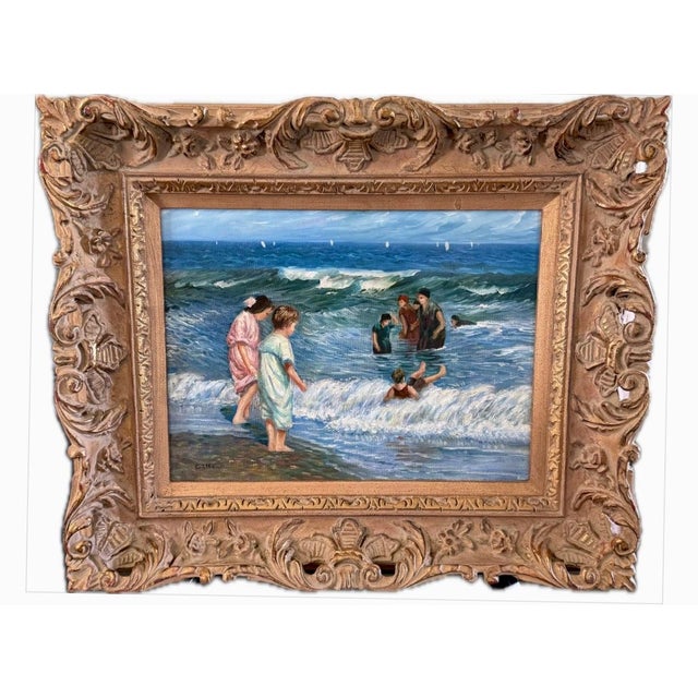 Vintage Impressionist Beach Scene Oil Canvas Wood Frame 23.5 X 19.5 X3” Signed For Sale - Image 4 of 4