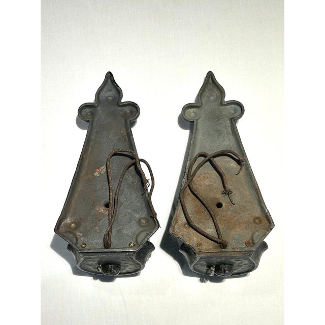 Pair of Antique c.1920’s Art’s & Crafts / Spanish Revival Hammered Iron With Fleur-De-Lis Motif Wall Sconces With Original Candle Sleeve Socket Covers For Sale - Image 4 of 9