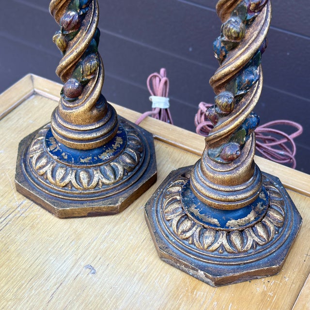 Gold Antique Hand Carved Giltwood Barley Twist Table Lamps - a Pair For Sale - Image 8 of 12