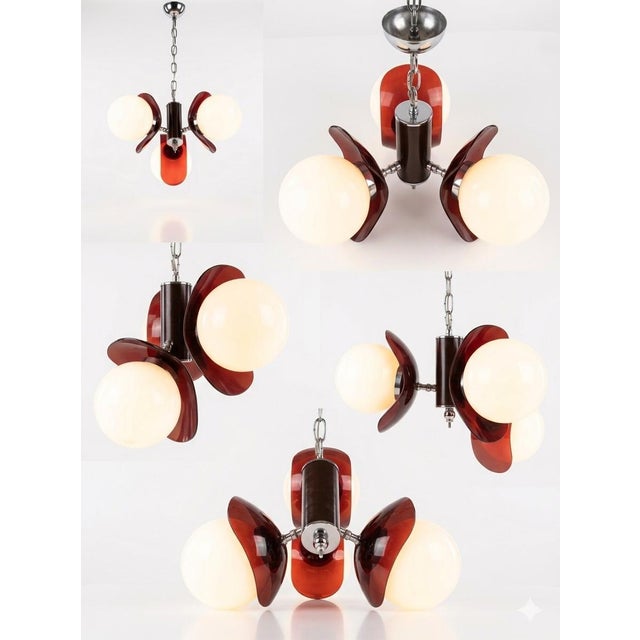 Atomic sputnik chrome and clear red lucite pendant light with three white globes circa 1970 Space age red plexiglas and...