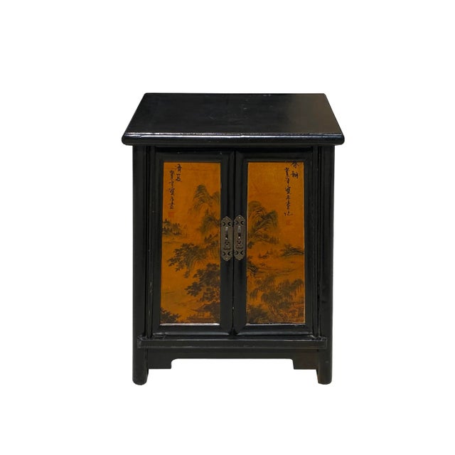 2010s Chinese Distressed Black Yellow Scenery Graphic End Table Nightstand For Sale - Image 5 of 7