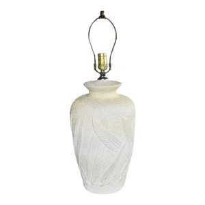 Cream Hollywood Regency Large Chalk Ware Palm Leaf Motif Table Lamp