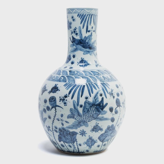 Monumental Chinese Blue and White Koi Bottleneck Jar For Sale - Image 4 of 6