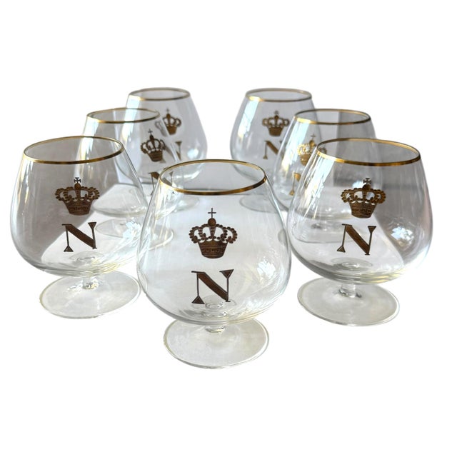 French Vintage French Empire Napoleon “N” in the Style of Baccarat Gilt Brandy Snifters, Set of 7 For Sale - Image 3 of 8