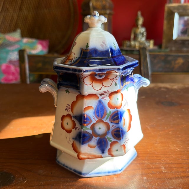 Antique Gaudy Welsh Crescent Pinwheel Flow Blue Covered Sugar Bowl, Circa 1840s For Sale - Image 12 of 12
