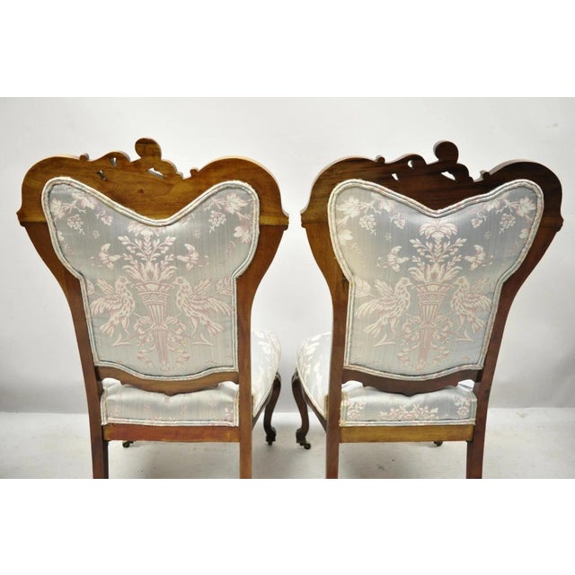 Wood Early 20th Century Victorian Floral Scrollwork Carved Mahogany Parlor Slipper Side Chairs - A Pair For Sale - Image 7 of 11