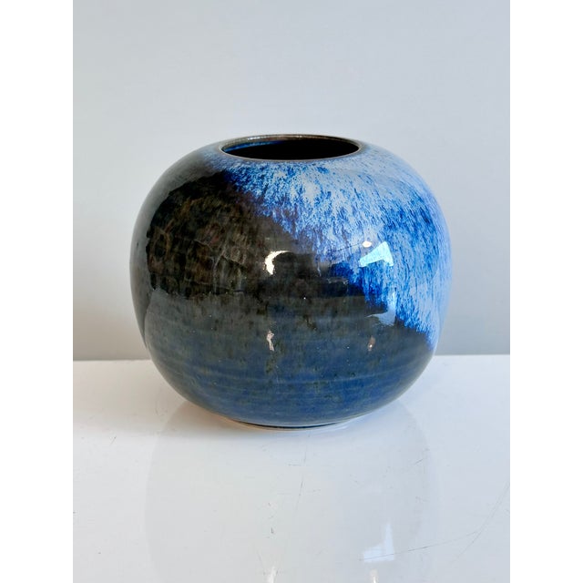 Studio Ceramic Spherical Vase with Blue Flowing Glaze, Germany, 1970s For Sale - Image 4 of 15