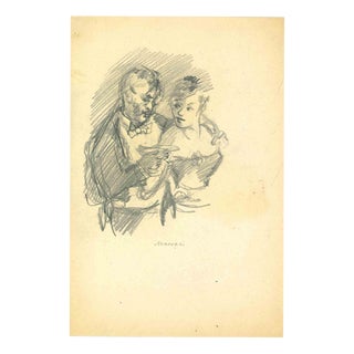 Mino Maccari, Champagne, Charcoal Drawing, 1950s For Sale