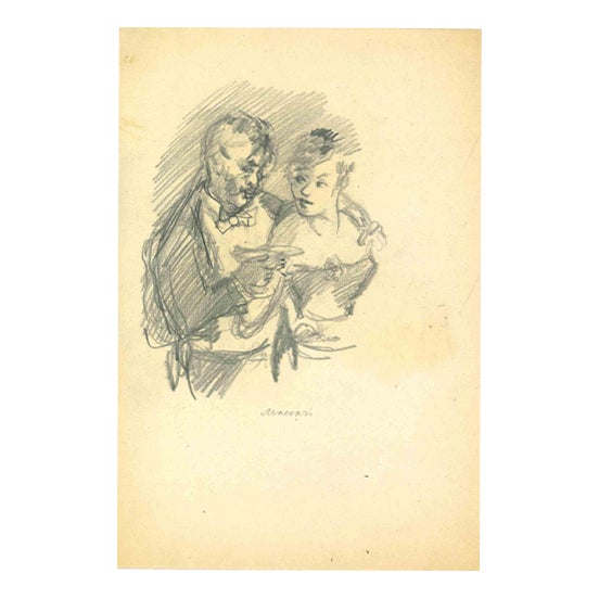 Mino Maccari, Champagne, Charcoal Drawing, 1950s For Sale