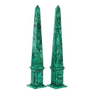 Mid Century Pair of Neoclassical Style Malachite Obelisks Tall