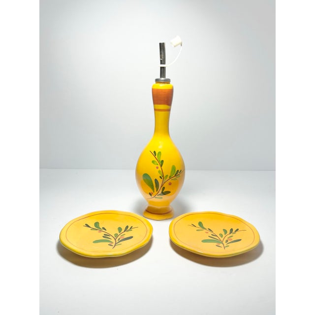 Ceramic Yellow & Orange Olive Oil Dispenser Cruet Bottle w/ 2 Appetizer Plates Good condition. No chips, cracks, or...