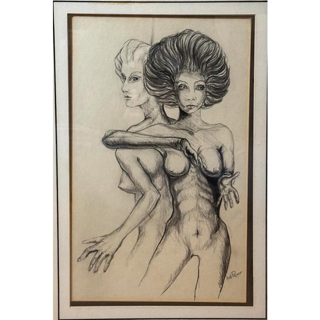 Postmodern 1990s Original Andi Pepper Dual Figure Study Charcoal Drawing Contemporary Nude Fine Art For Sale - Image 3 of 10