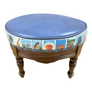 Early 20th Century Round "Porfiriato" Footstool Reupholstered With New Mexican Loteria Fabric and Italian Leather For Sale