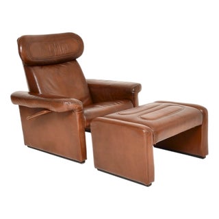 Set of Vintage Italian Leather Reclining Armchair and Ottoman, 1960s For Sale