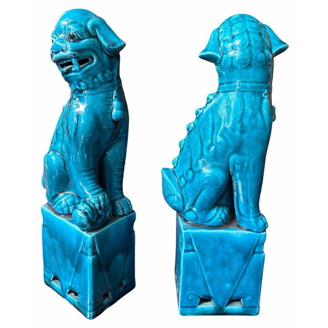 19th Century Pair of Antique Chinese Turquoise Pottery Foo Dogs Sculpture For Sale - Image 5 of 5