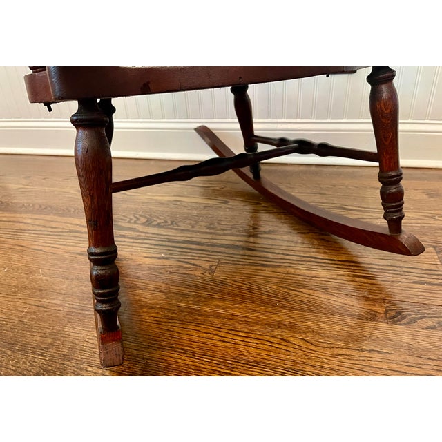 Antique Turn of the Century Tiger Oak Gooseneck Spindle-Back Swan Neck Rocking Chair For Sale - Image 10 of 10
