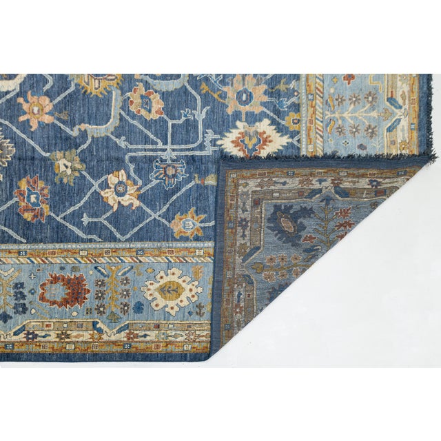 Modern 14x20 Hand-Knotted Modern Oushak Style Wool Rug in Indigo Blue & Earthy Motifs For Sale - Image 3 of 12