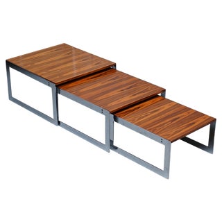 Large Hardwood & Chrome Nest of Tables from Merrow Associates, 1960s, Set of 3 For Sale