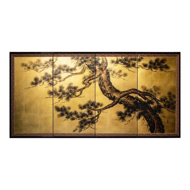 "Pine Tree" by Yukika, Late Showa Era Japanese Painted Byobu Screen For Sale