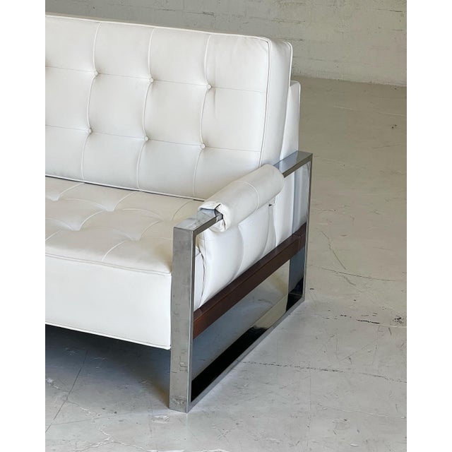 Mid Century Tufted White Vinyl and Polished Chrome Sofa Chairish