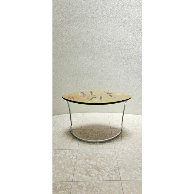 Wood Carlo Malnati Post-Modern Italian Gold Abstract Print Side Table Oval 80s 90s For Sale - Image 7 of 15