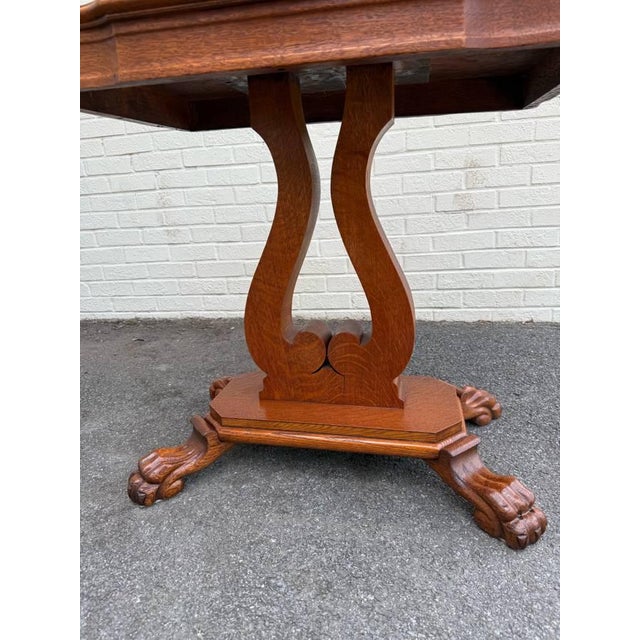 Antique Empire Style Tiger Oak Lyric Base Claw Feet Console Table For Sale - Image 11 of 11