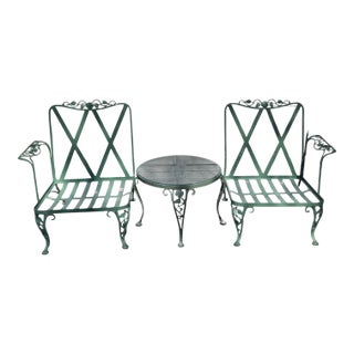 Woodard Wrought Iron Patio Chairs & Table, Attributed, 3 Pieces For Sale