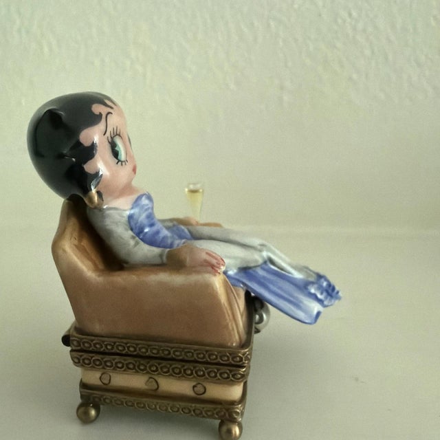 Limoges, France Rare Vintage Chanille Limoges Trinket Box Betty Boop In Armchair with Champagne Glass & Small Dog "Pudgy" inside (Retired) For Sale - Image 4 of 5