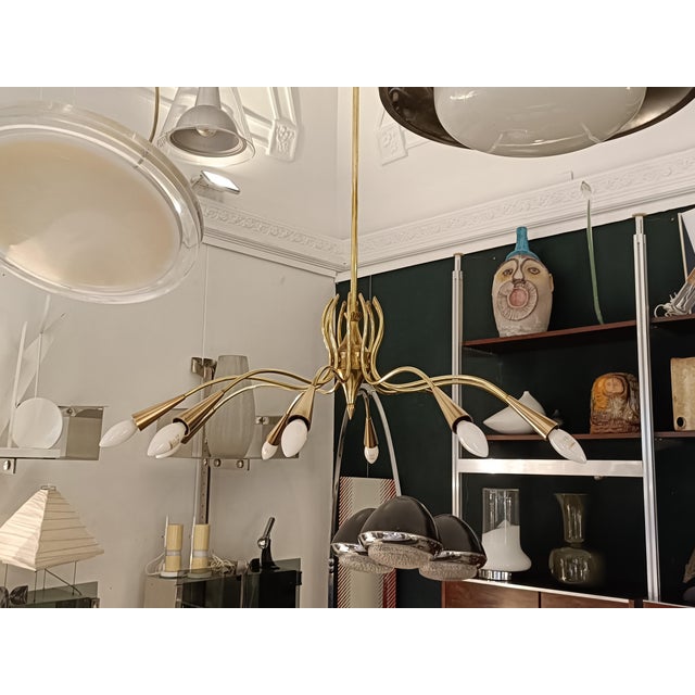 1950s Large Brass Spider 10-Light Chandelier attributed to Oscar Torlasco for Lumi, Italy, 1950s For Sale - Image 5 of 10