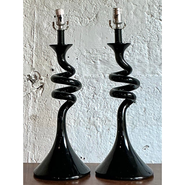 Metal Vintage Boho Twisted Glass Lamps - A Pair For Sale - Image 7 of 12