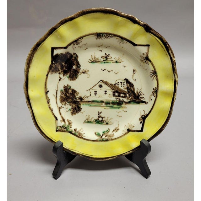 Figurative 19th C Italian Majolica Albisola Plates Yellow With Scenes -Set of 6 For Sale - Image 3 of 9