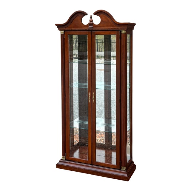 1990s Philip Reinisch Federal Style Carved Cherry Mirrored Curio or Display Cabinet For Sale