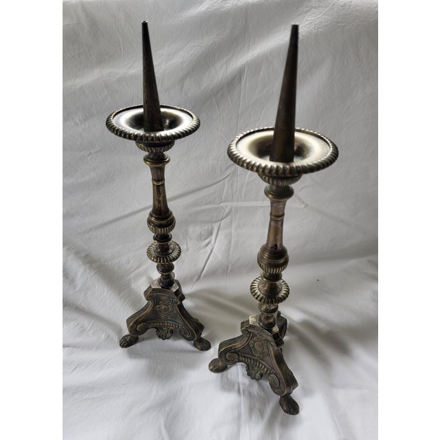 19th Century French Baroque Revival Brass Altar Pricket Candlesticks, Set of 2 For Sale - Image 6 of 6